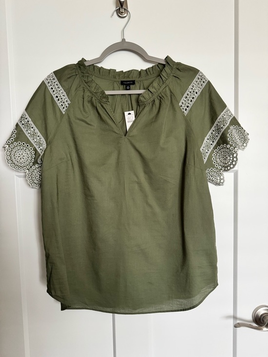 Talbots Tops - NWT Talbots Olive Green Embroidered Eyelet Sleeve Ruffle Neck Blouse Size Medium